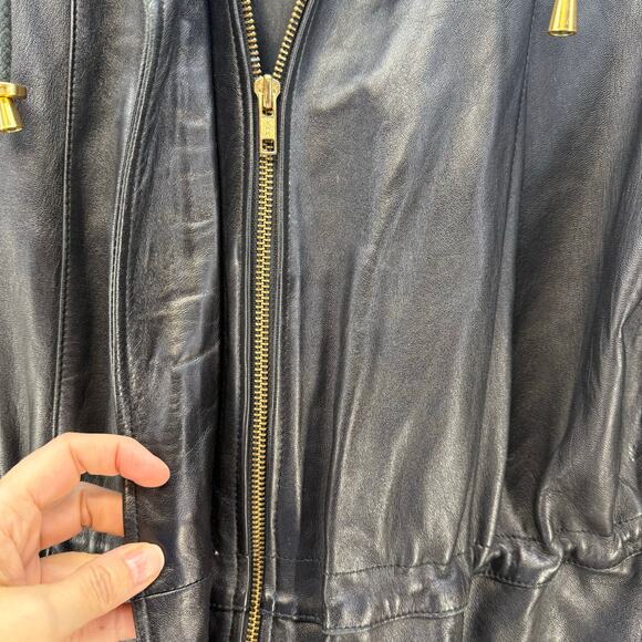 Worthington Leather Parka Women's L Black Lamb Skin Dyed Fox Fur Trim Hood EUC - Picture 14 of 14